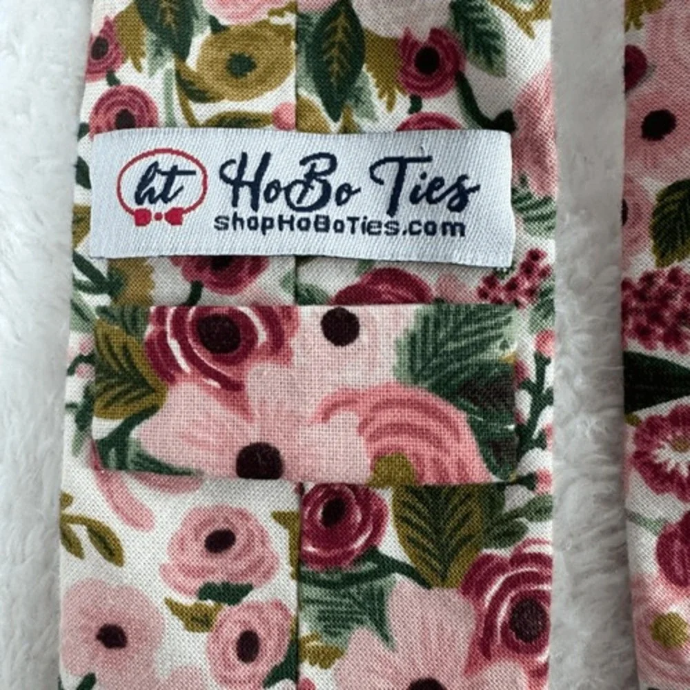 HoBo Ties Men's English Tea Garden Print Necktie Pinks Greens‎ Wedding